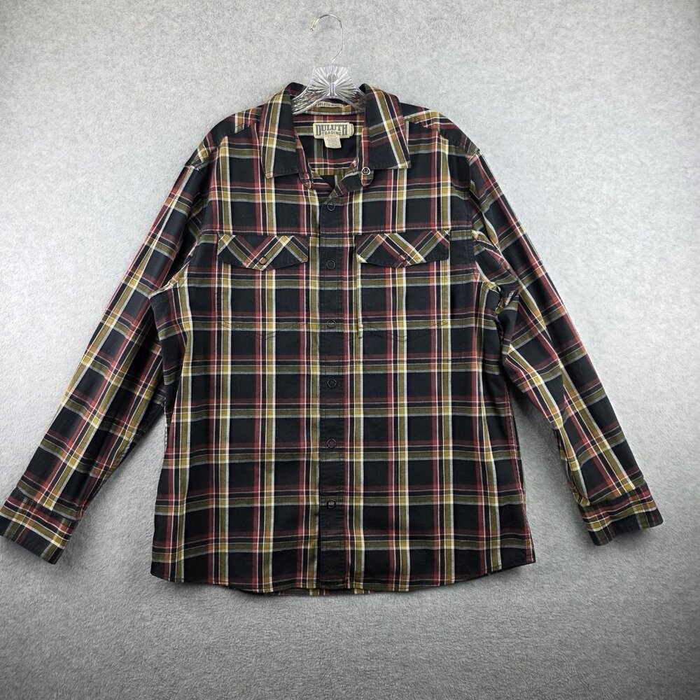 Duluth Trading Co Shirt Mens Large Black Plaid Flannel Long Sleeve Snap